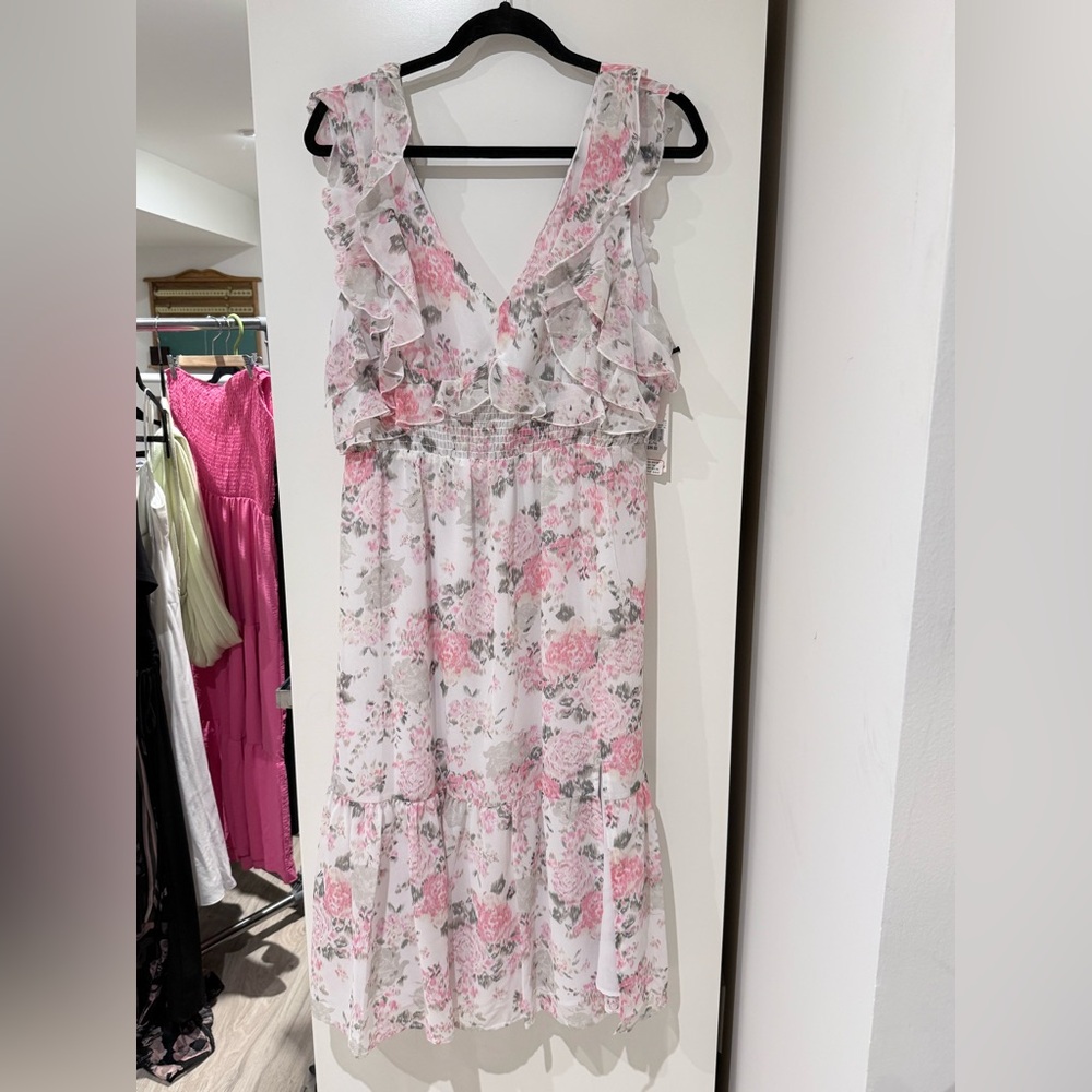 Dex Pink and White Floral Midi Dress